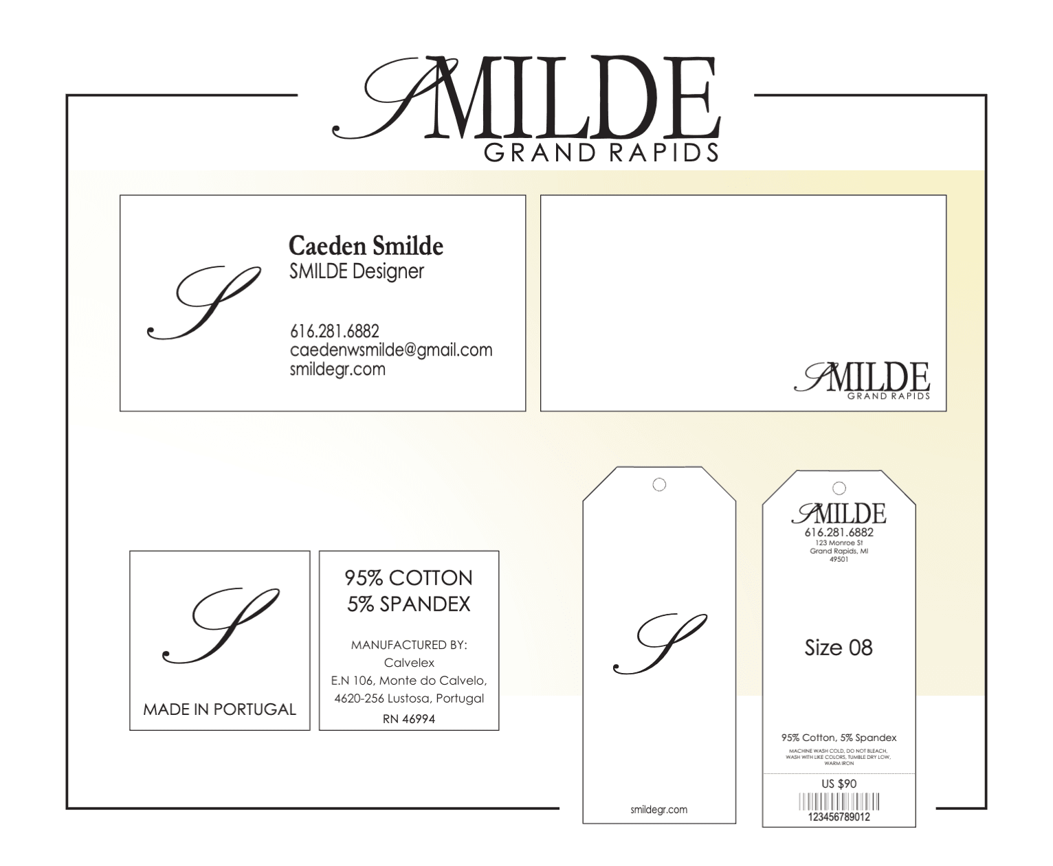 The SMILDE identity sheet: wordmark, business card, care labels and two printed swing tags