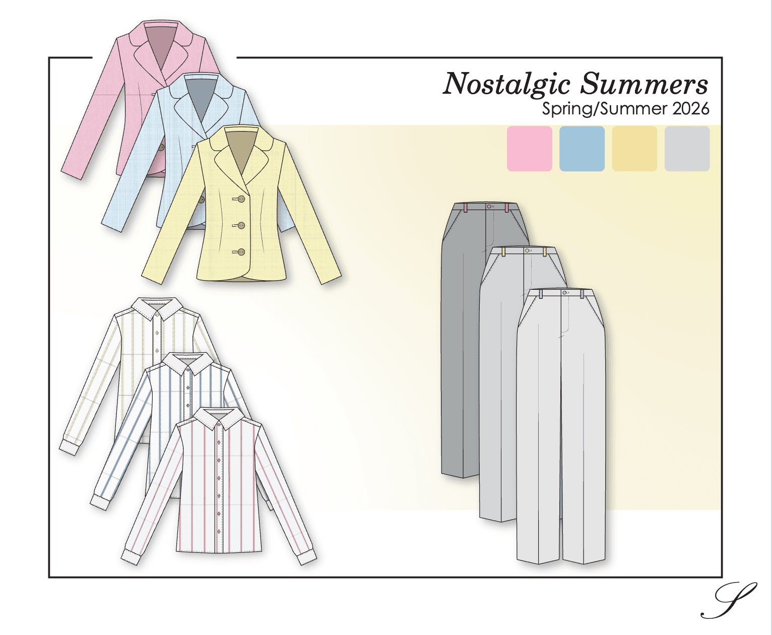 Technical flats of three colourways of a tailored blazer, striped shirt and wide-leg trouser