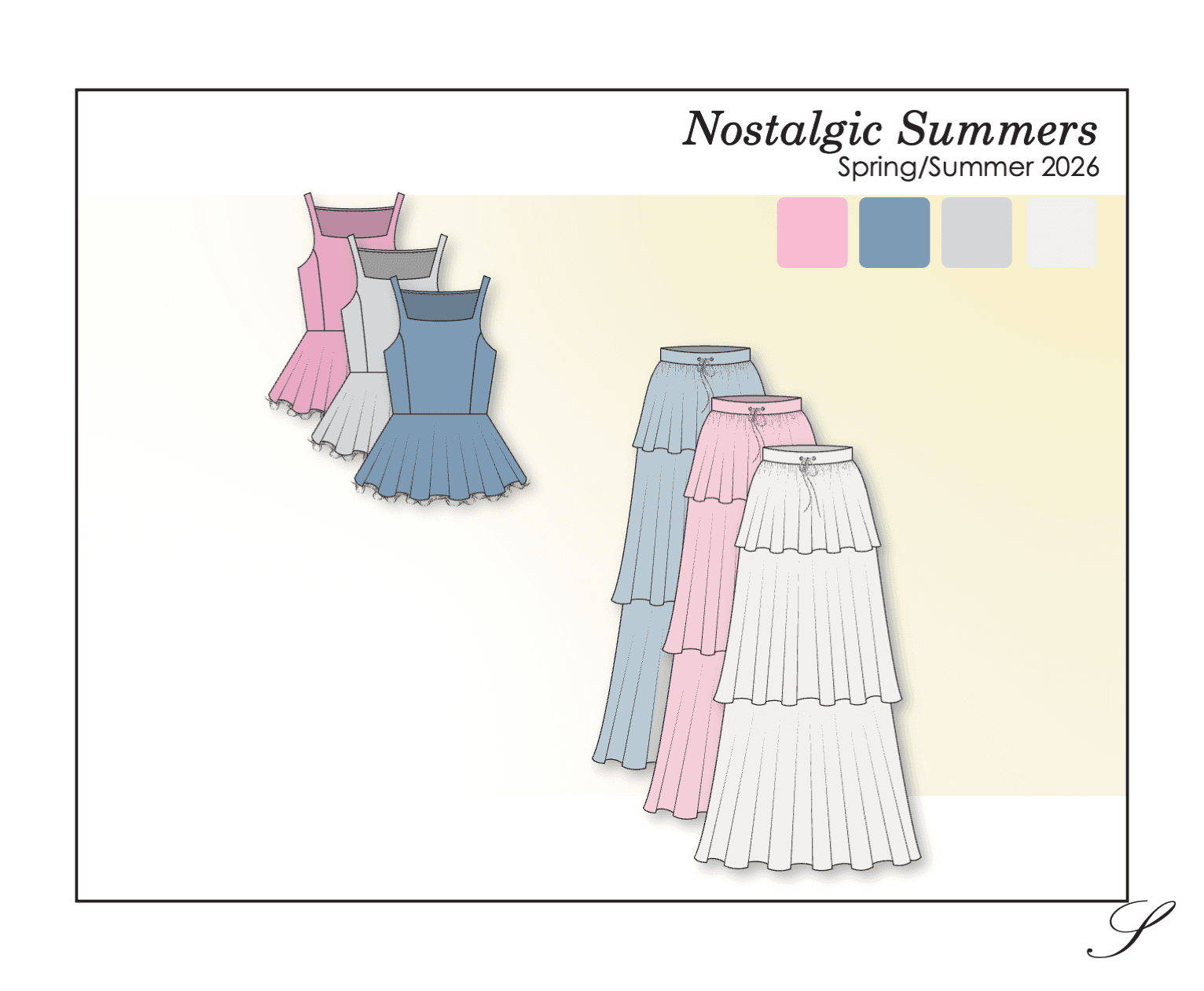 Technical flats of peplum camisoles and tiered maxi skirts in pink, blue and white