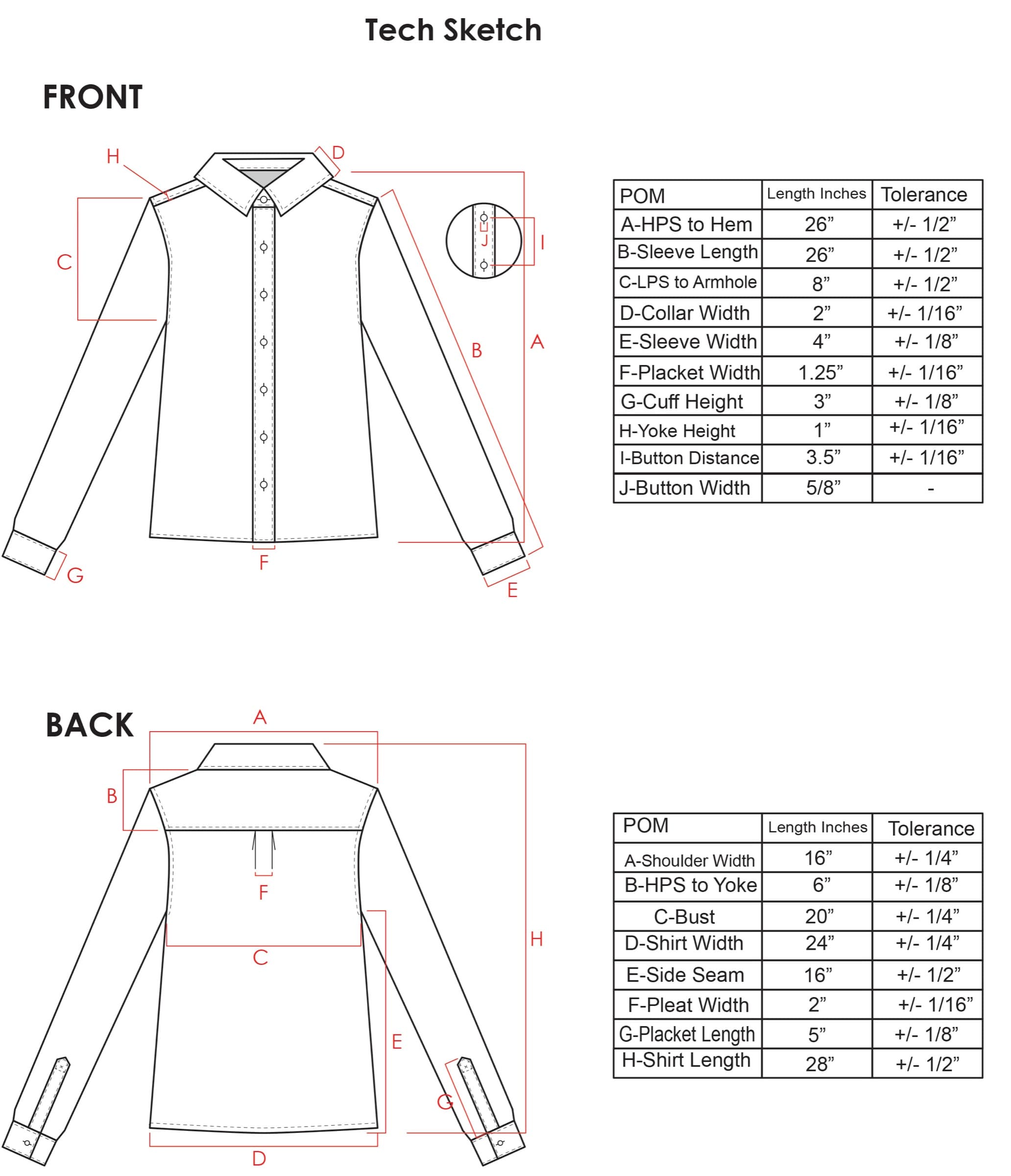 Tech sketch of a shirt, front and back, with lettered callouts and points-of-measure tables