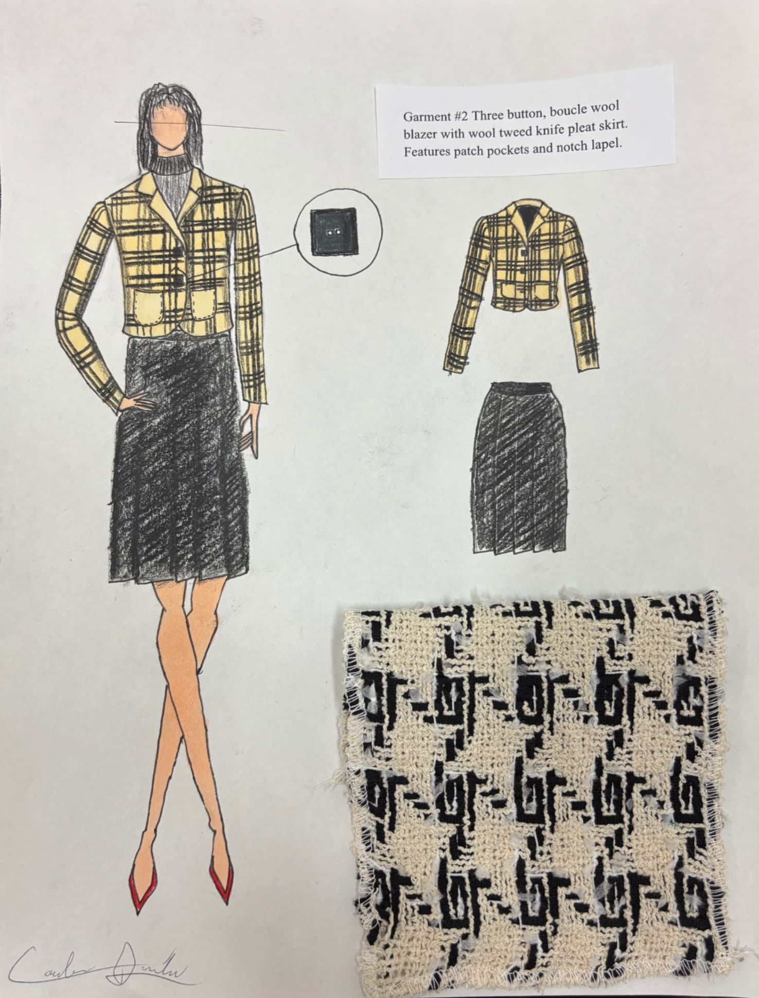 Croquis of a yellow plaid boucle wool blazer and grey knife-pleat skirt with a tweed swatch