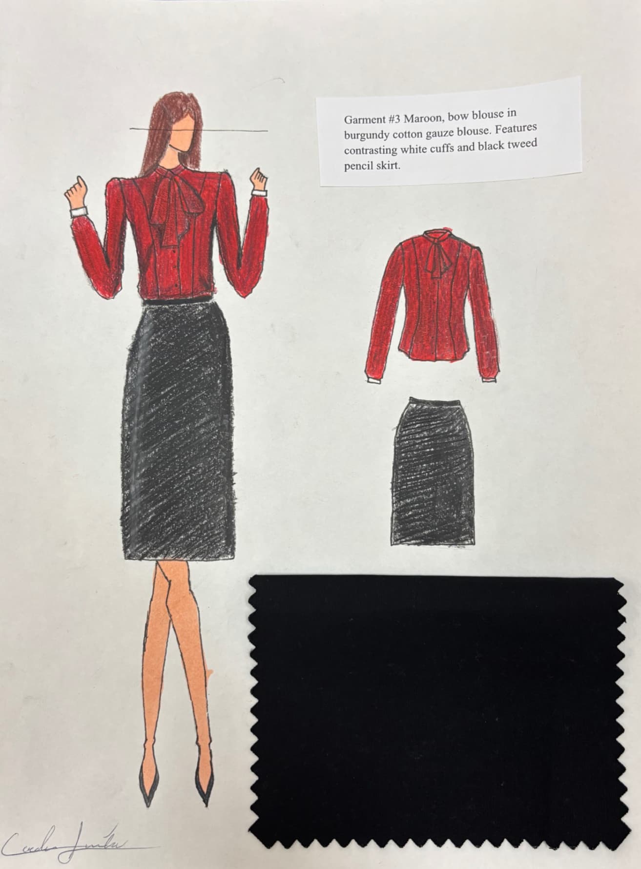 Croquis of a maroon bow blouse and black tweed pencil skirt with a black fabric swatch