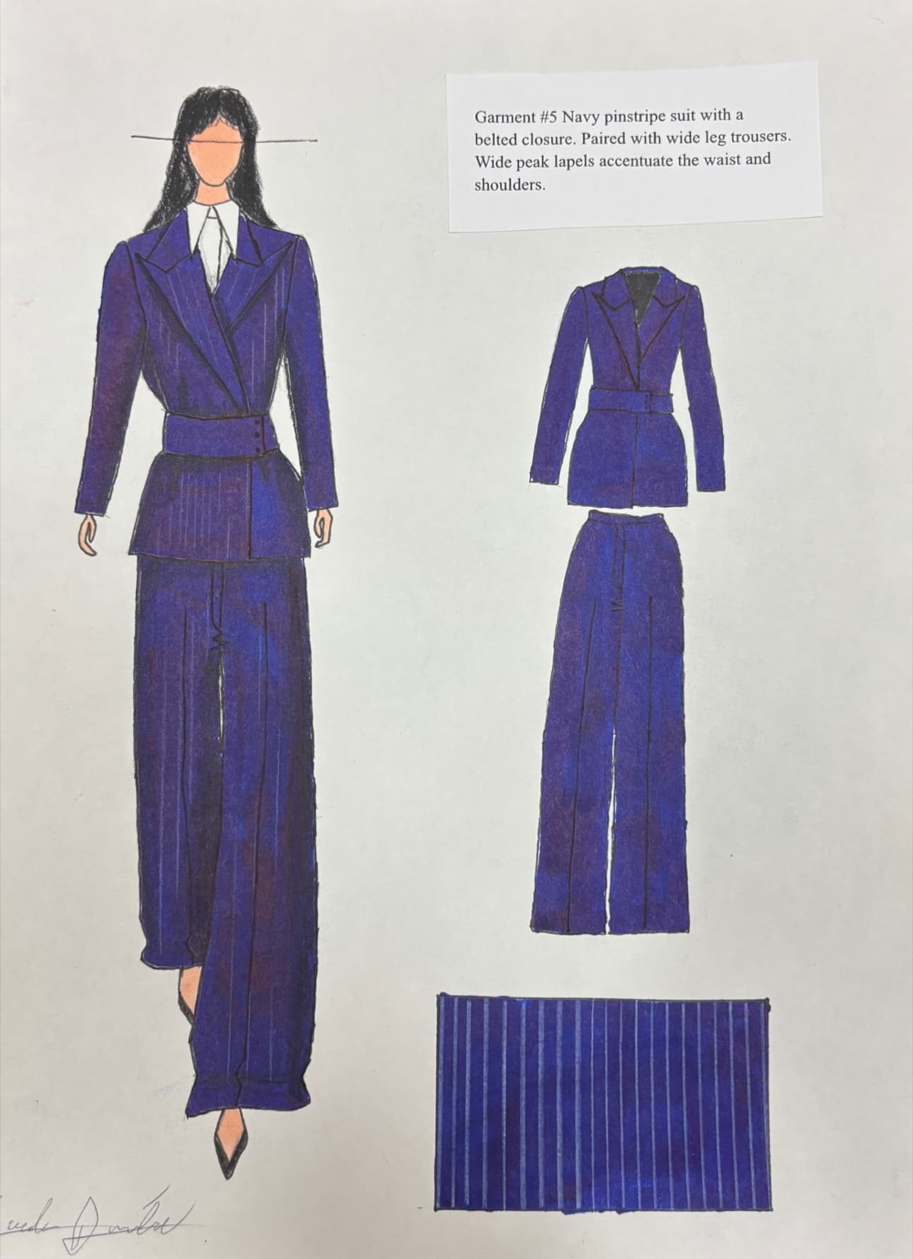 Croquis of a navy pinstripe belted suit with wide-leg trousers and a pinstripe swatch