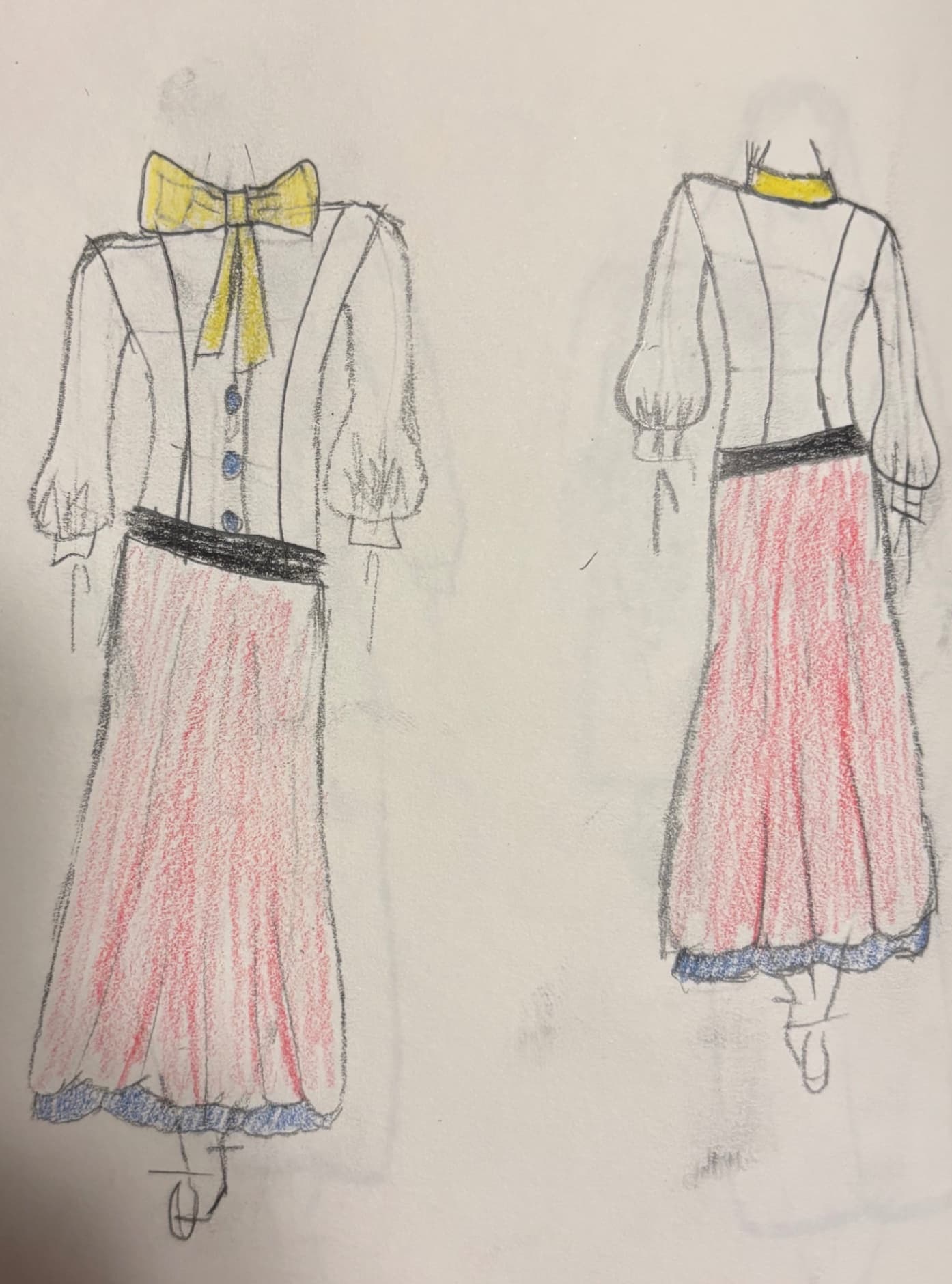 Hand-drawn front and back sketch of the Mondrian blouse and skirt in coloured pencil